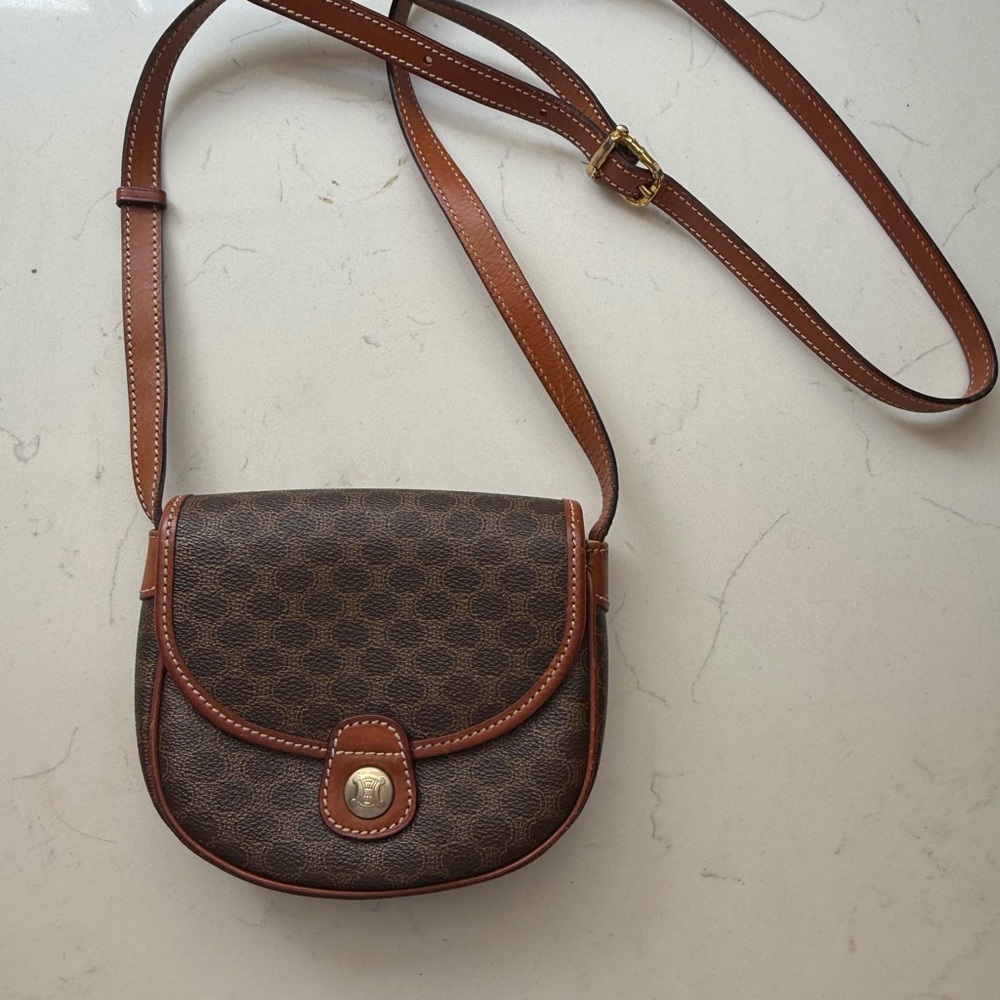 Vintage CELINE Macadam Crossbody Saddle Bag Brown PVC Leather Trim Paris - Picture 3 of 16
